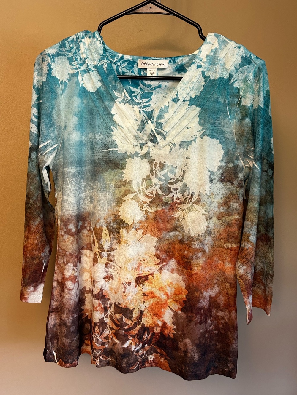 Coldwater Creek Boho Tie-Dye Floral Tunic Top in Blue Brown Size Medium